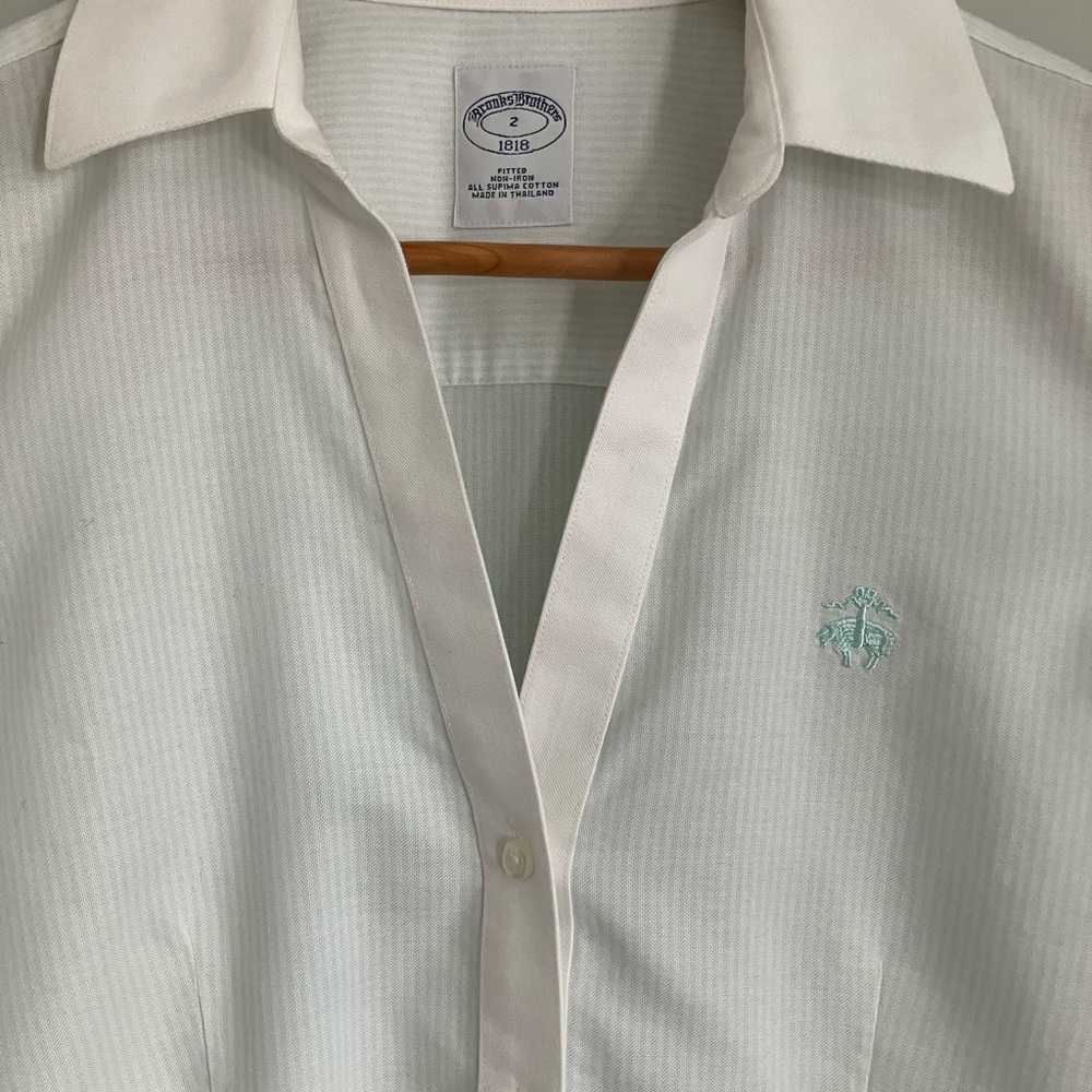 BROOKS BROTHERS Mint Green and White Striped Cotton Button Down Size 2 - Picture 3 of 13